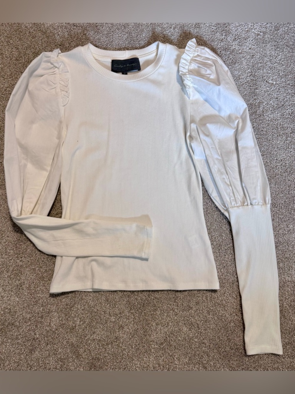 Anthropologie White Puff-Sleeve Ribbed Long-Sleeve Top